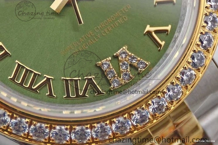 1219 Bright Lady DateJust 28 SS YG TWF Diamonds Bezel 1:1 Best Edition Green Dial Roman Markers on Jubilee Bracelet NH 2135